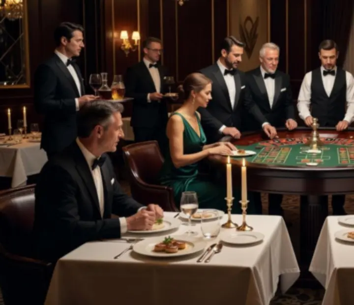 Elegancki wieczór w stylu kasyna przy stołach ruletki i blackjacka
