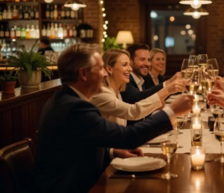 Grupa gości świętująca przy winie i koktajlach w eleganckim wnętrzu restauracji