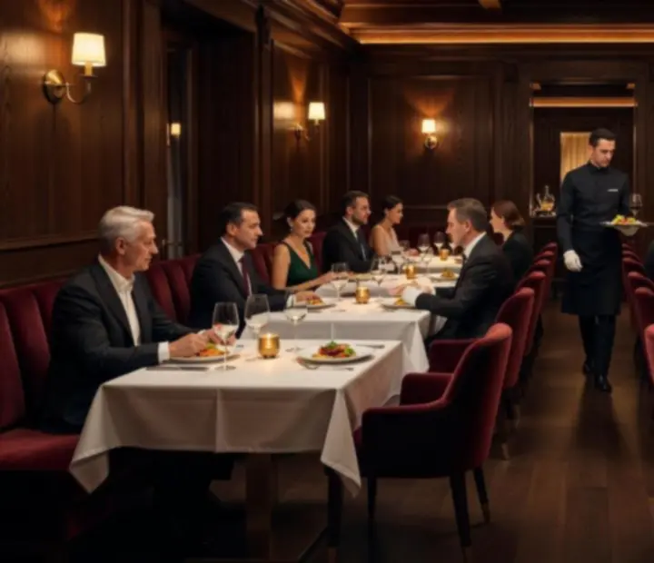 Ciemne, eleganckie wnętrze restauracji Strefak Ravel z nakrytymi stołami i nastrojowym oświetleniem