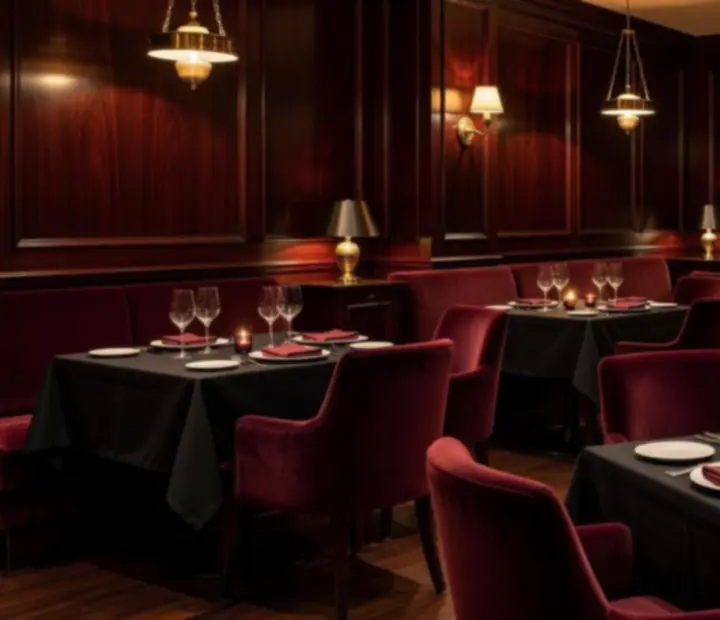 Wieczorne wnętrze restauracji Strefak Ravel w ciepłym świetle i ciemnym, eleganckim wystroju