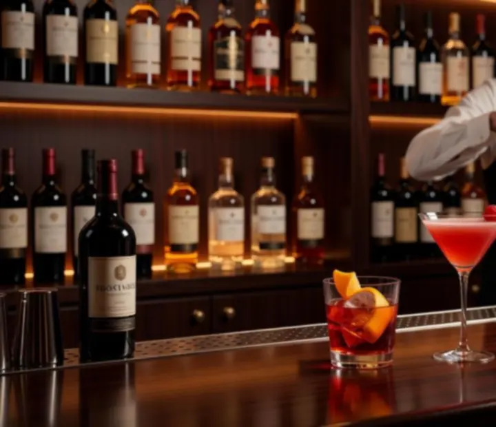 Barman przygotowuje autorskie koktajle przy eleganckim barze wieczorem.