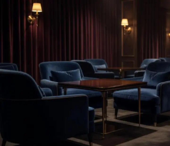 Prywatny lounge w restauracji Strefak Ravel z wygodnymi fotelami i nastrojowym światłem.