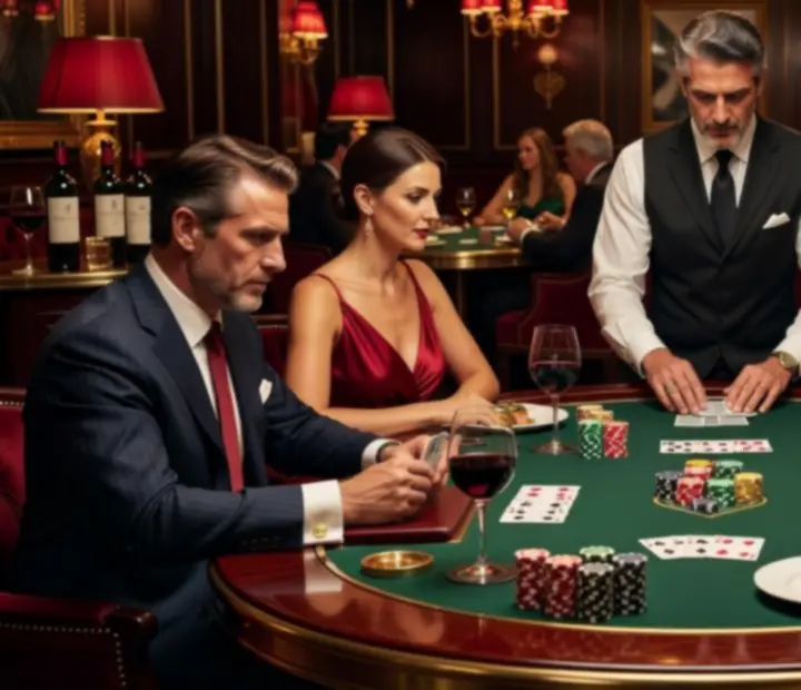 Poker offline przy stole w prywatnej sali restauracji z obsługą i koktajlami