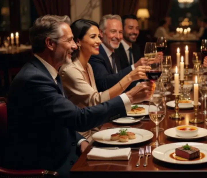Goście przy stoliku w restauracji, dzielący się wrażeniami z kolacji
