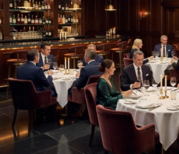Panoramiczny widok na salę restauracyjną Strefak Ravel z nakrytymi stołami i gośćmi podczas kolacji