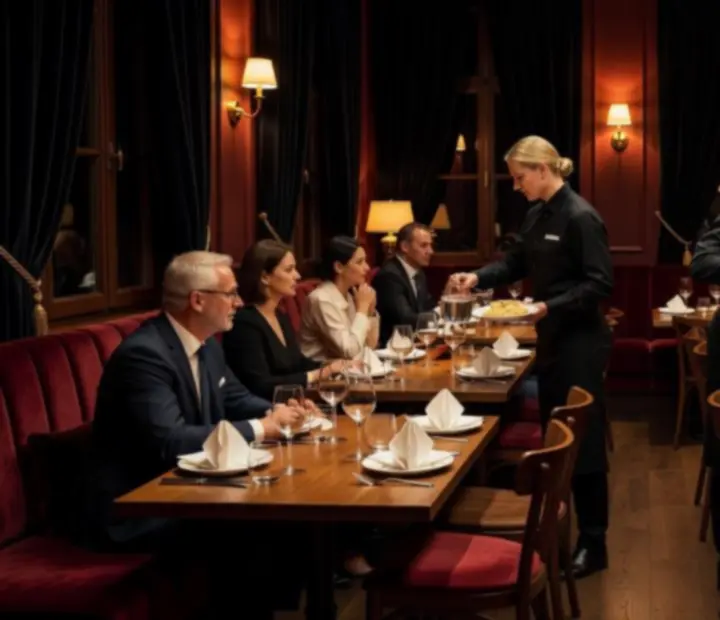 Eleganckie wnętrze restauracji Strefak Ravel podczas wieczornego serwisu