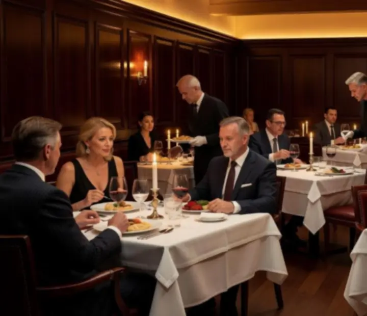 Ciemne, eleganckie wnętrze restauracji Strefak Ravel wieczorem, z nakrytymi stołami i nastrojowym oświetleniem.