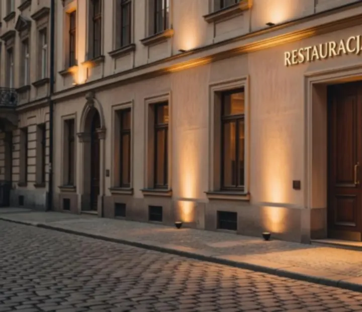 Elegancka restauracja Strefak Ravel wieczorem, widok na oświetloną salę i zastawione stoły