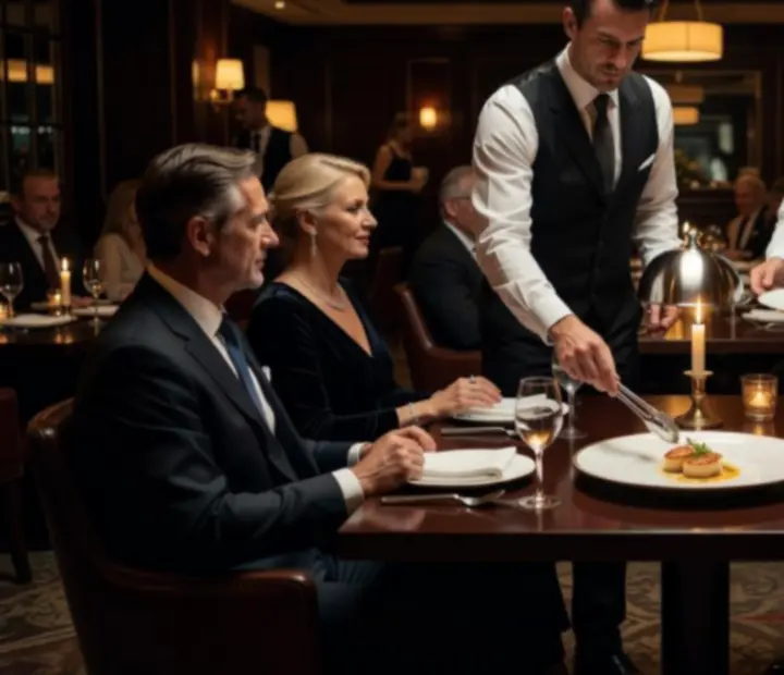 Kelner serwujący danie podczas wieczornego serwisu w restauracji Strefak Ravel.